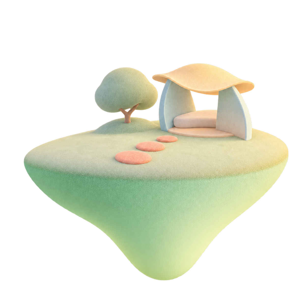 A soft green learning island with a tree, a little path, and a pavilion.
